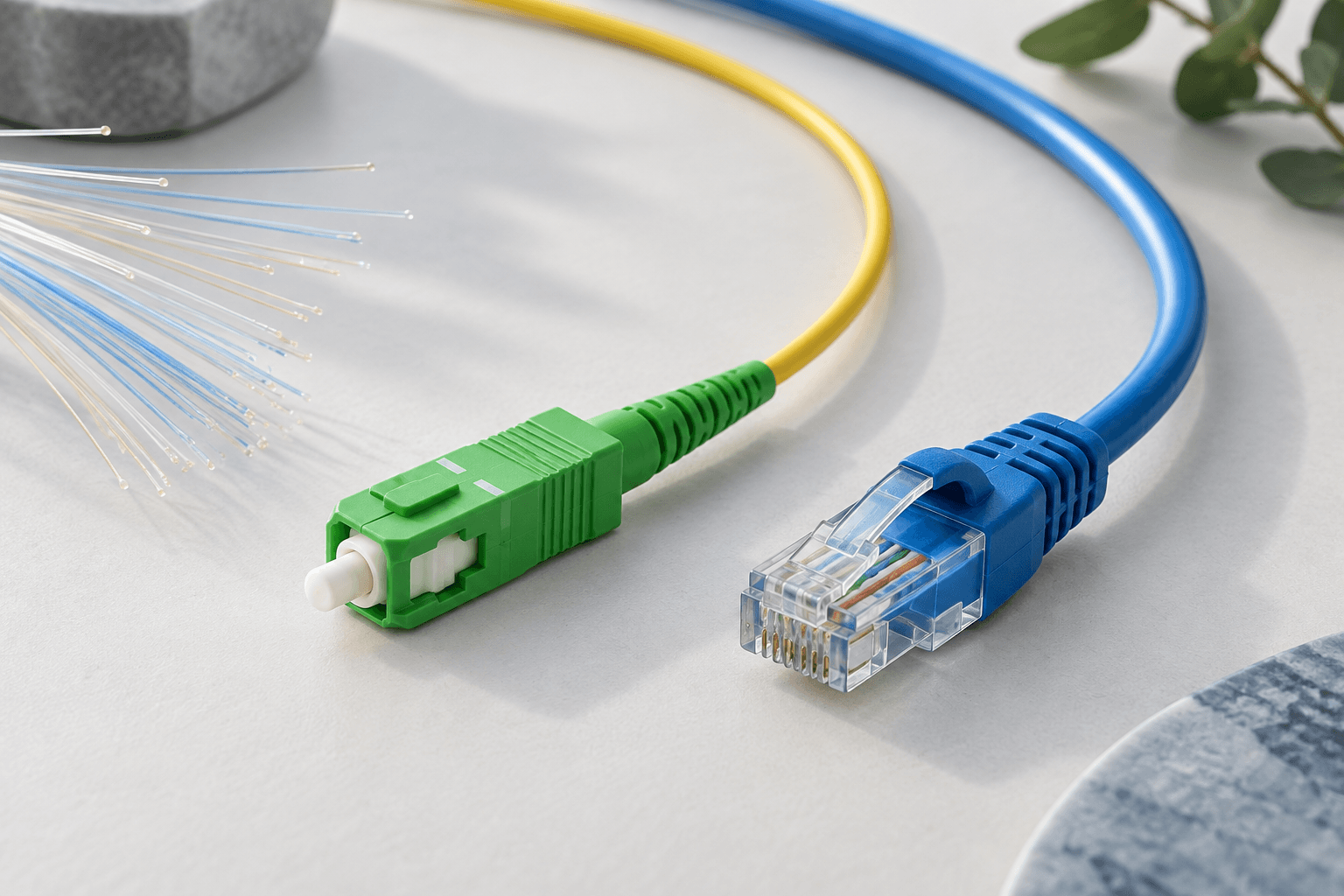 Illustration of a green fiber optic connector beside a blue Ethernet connector