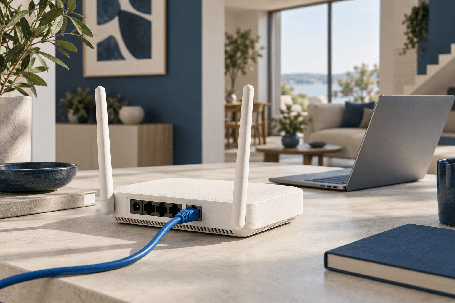 Illustration of a home Wi-Fi router connected by an Ethernet cable beside a laptop