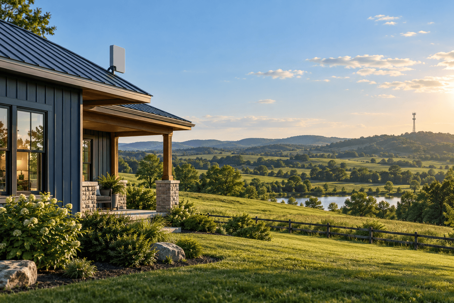 Illustration of a rural home with a rooftop broadband terminal